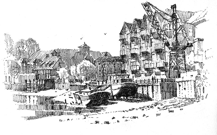 Isleworth, wapping group, pen and ink, drawing