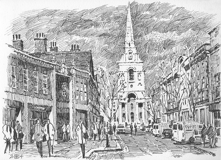 Spitalfields, London, Hawksmoor, drawing, pen