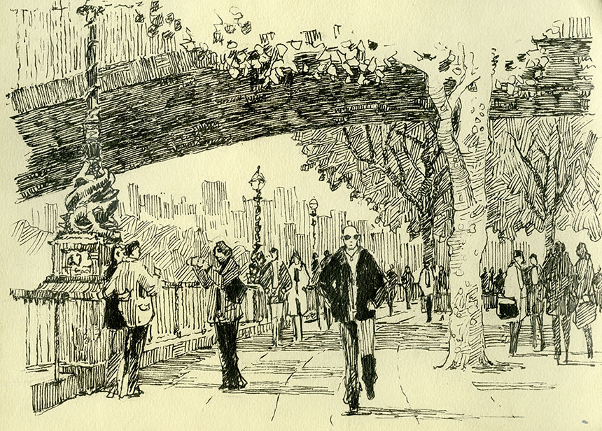 South Bank, Thames, London, pen and ink, Drawing
