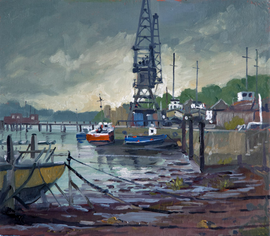 Upnor, Medway, castle, crane, river, oil, painting