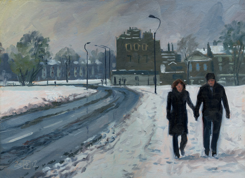 Blackheath, London, snow, oil painting, plein air, Rob Adams