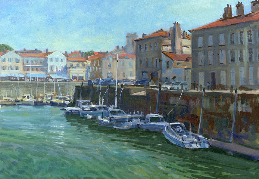 St Martin de Re, harbour, france, boat, ship, oil painting