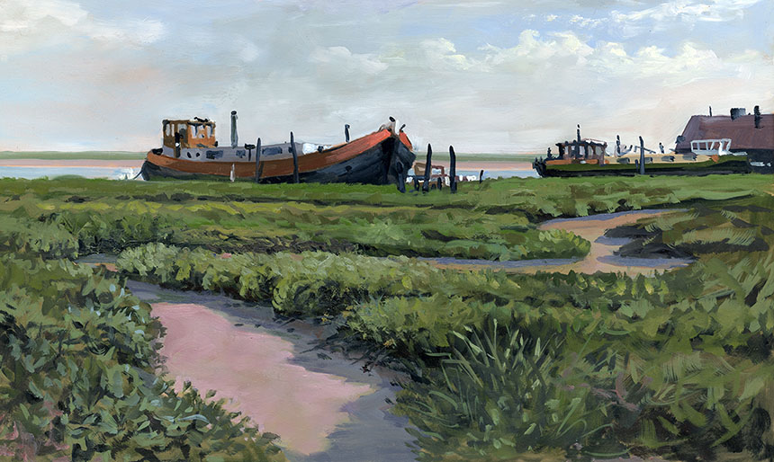 East End Paglesham, Essex, Barge, OIl painting, Plein air