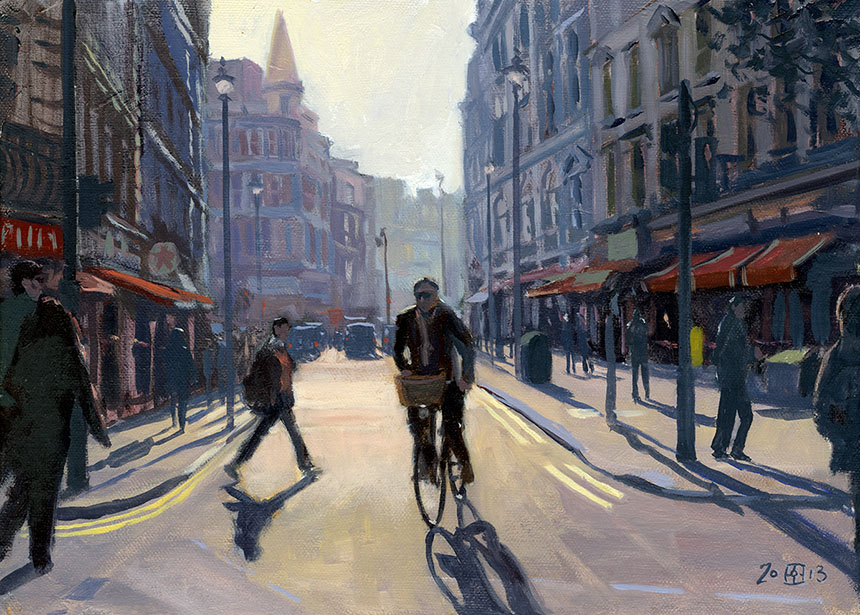 Soho, London, bicycle, sun, oil painting