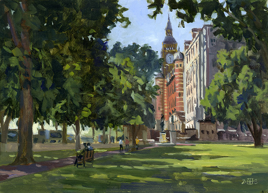 Whitehall Gardens, Big Ben, London, Park, Plein air, oil painting