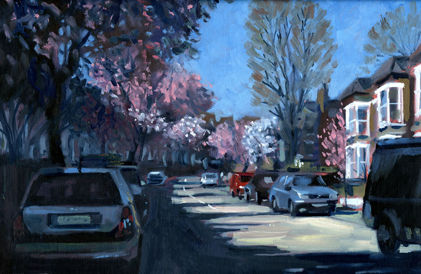 London, Deptford, spring, blossom, oil painting, plein air