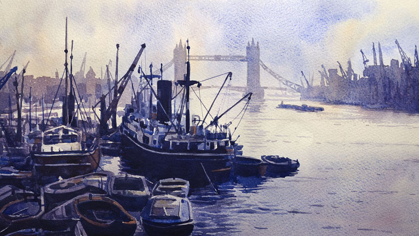 London, history, docks, Thames, watercolour, painting