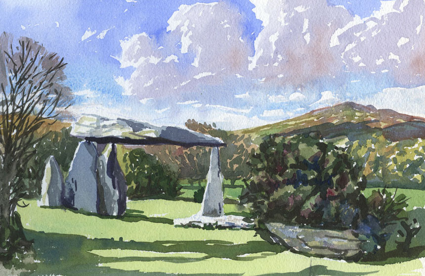 Pentre Ifan, tomb, stones, dolmen, cromlech, Newport, wales, painting, watercolour