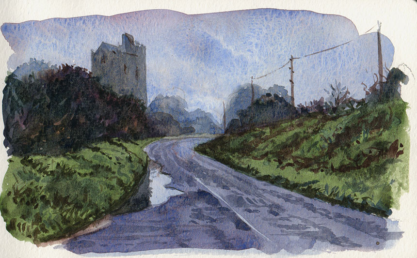 Ballyportry, clare, ireland, castle, watercolour