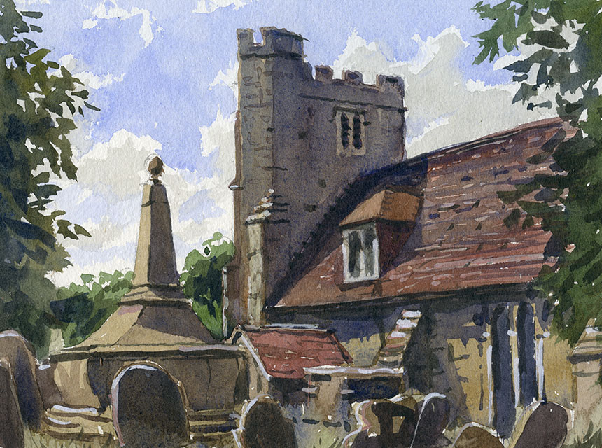 Queenborough, Sheppey, watercolour, church, graveyard