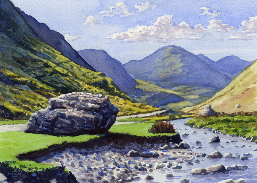 Honister, mountains, pass, watercolour, painting, Cumbria, Lake District
