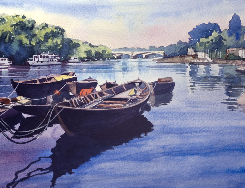 Richmond, boats, Thames, river, watercolour