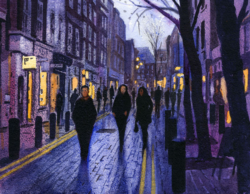 London, evening, watercolour, Covent Garden