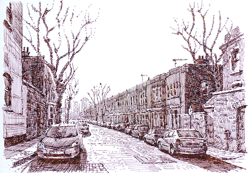 Roman Rd, London, pen and ink, drawing