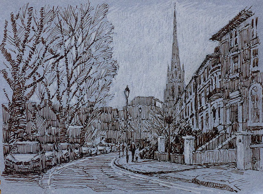 Brook Green, Hammersmith, London, pen and ink, drawing