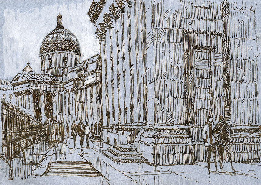 National Gallery, St Martins in the Fields, pen and ink drawing
