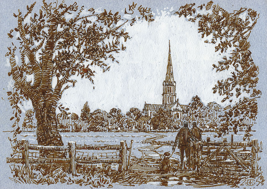 Salisbury Cathedral, wiltshire, pen and ink, drawing
