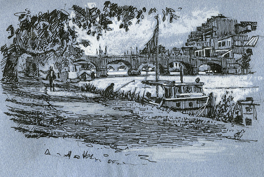 Thames, Kingston, pen and ink, drawing