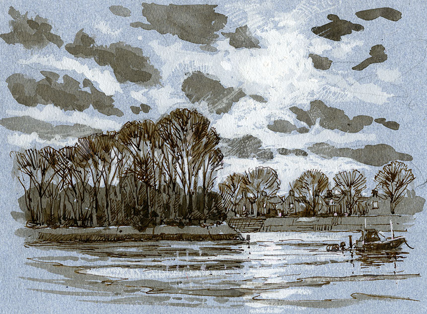 Thames, olives Island, London, Strand on the Green, pen and ink