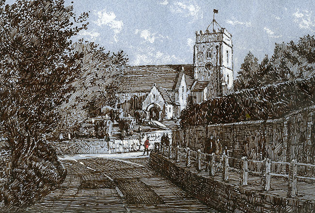 Okeford Fitzpaine, Dorset, church, pen and ink, drawing