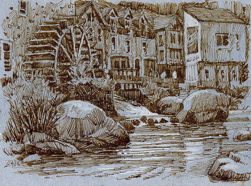 Pont Aven, waterwheel, drawing, pen and ink, France