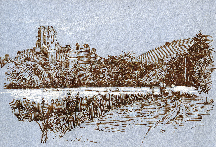 Corfe Castle, dorset, pen and ink, drawing