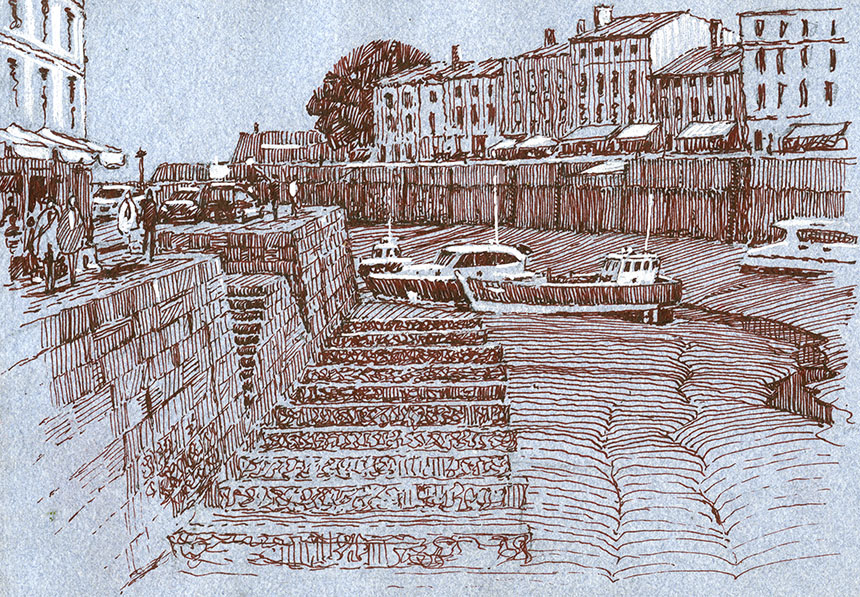 Ile de Re, France, pen drawing, harbour