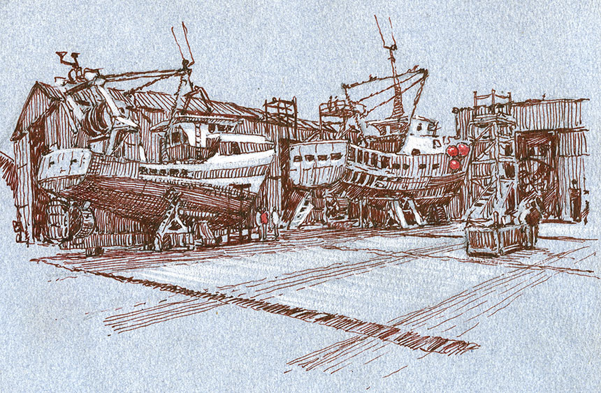 Port en Bessin, France, pen drawing, fishing boats