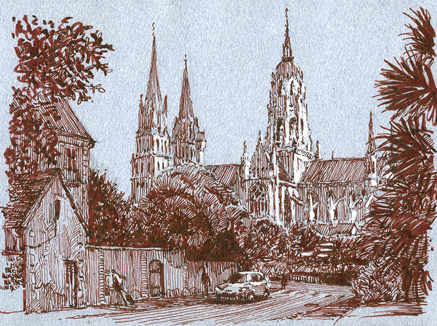 Bayeux, cathedral, drawing, pen and ink, France