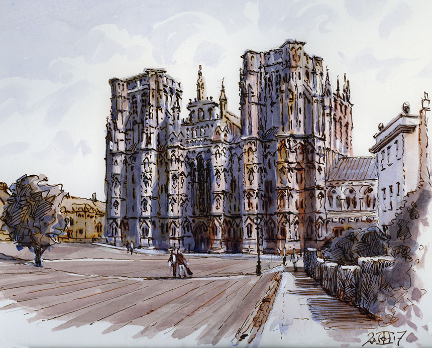 Wells, somerset, pen and wash