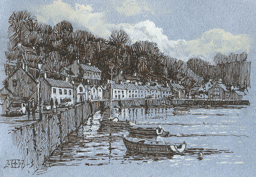 Fishguard, old town, Wales, Pembrokeshire, pen and ink, drawing