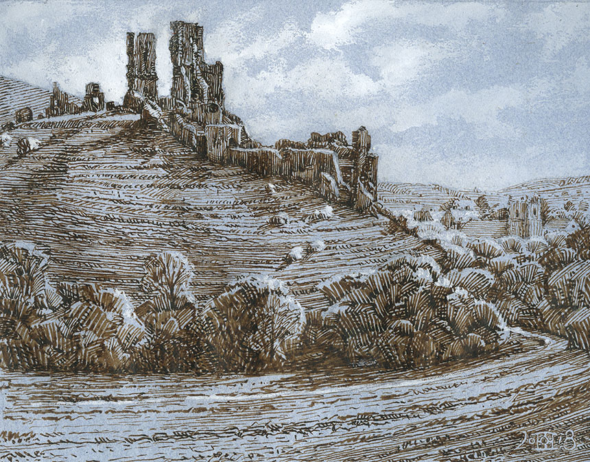 Corfe castle, Dorset, pen and ink, drawing