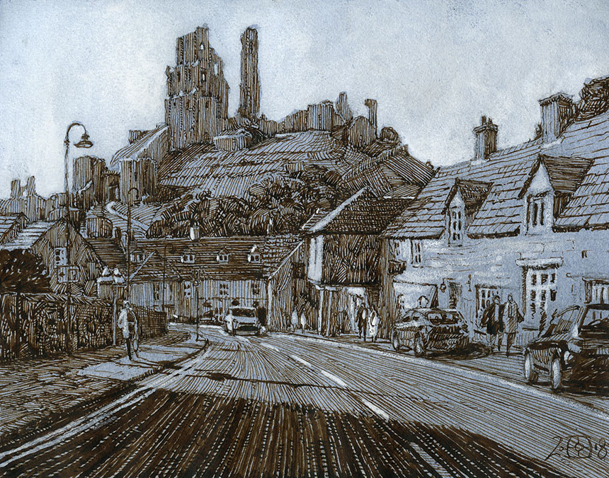 Corfe Castle, Dorset, Pen and ink, drawing