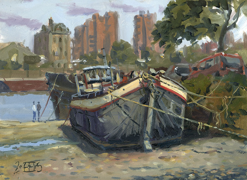 Battersea, Thames, London, plein air, oil painting, barge