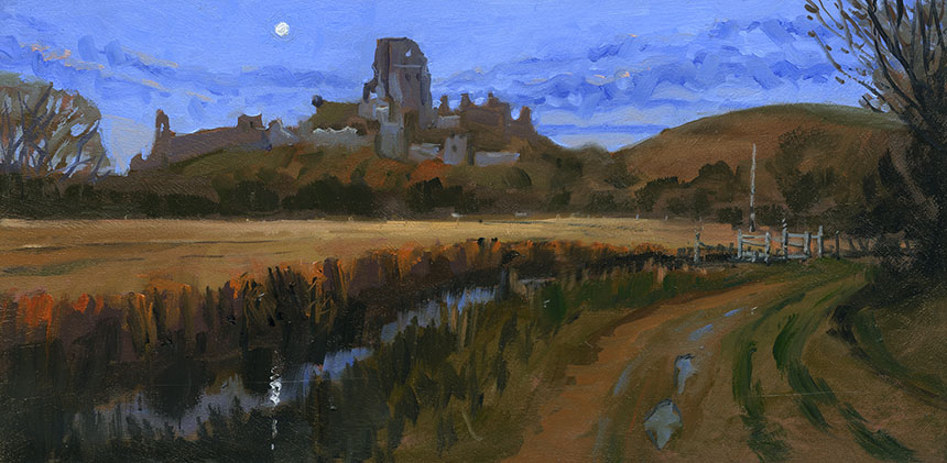 Corfe Castle, Oil painting, Dorset, nocturne