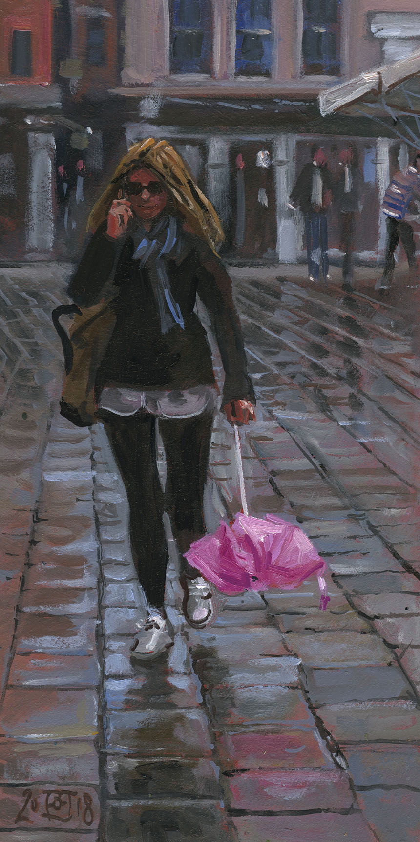 venice, girl, figure, brolly, oil painting