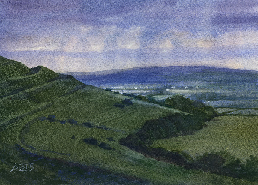 Hambledon Hill, hill fort, Dorset, watercolour, painting, art