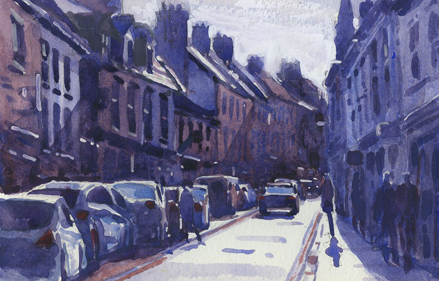 Ennis, ireland, watercolour, painting, street