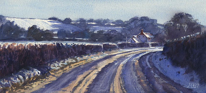 Snowscape, watercolour, Dorset
